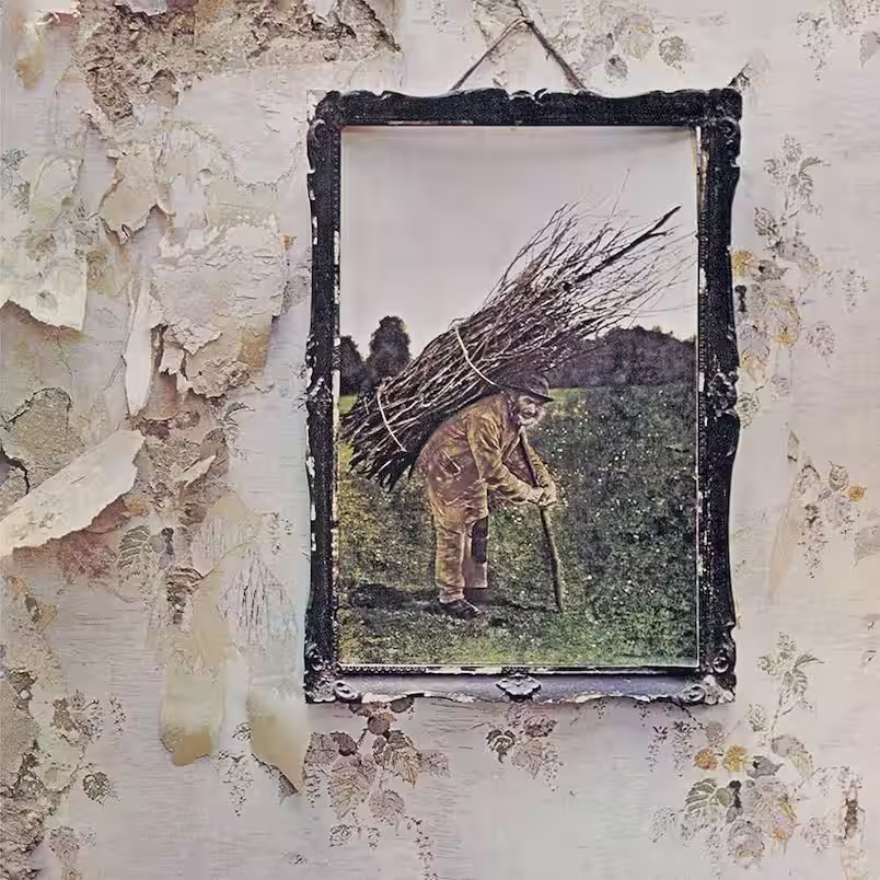 Capa do álbum Led Zeppelin IV, com uma pintura de um velho carregando um feixe de gravetos.
