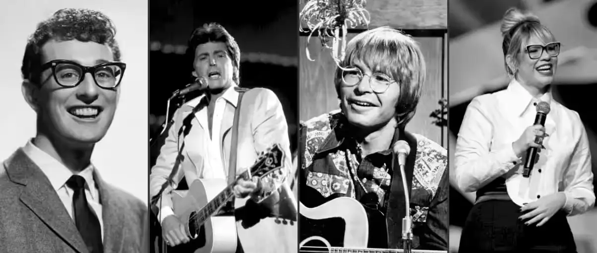 Fotos dos músicos Buddy Holly, Ricky Nelson, John Denver e Marília Mendonça, todos mortos em acidentes de avião