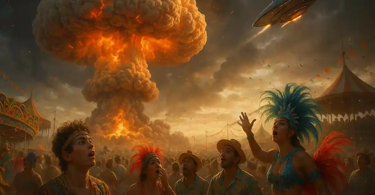 Ilustração de uma explosão nuclear durante um carnaval com uma nave deixando o planeta, como na música Eva