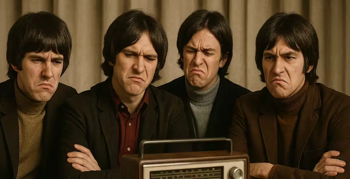 Covers que os Artistas Originais Odiaram - Banda no estilo The Kinks com expressão de desprezo ouvindo rádio
