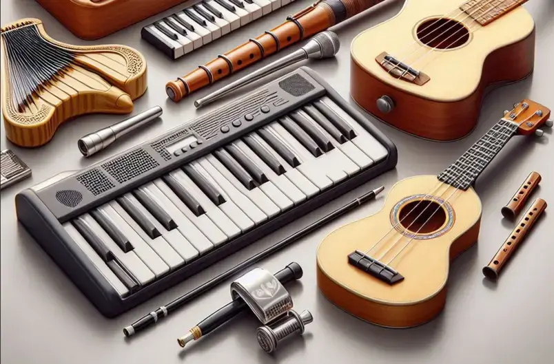 Várias instrumentos musicais ilustrando o artigo sobre Instrumentos fáceis de aprender